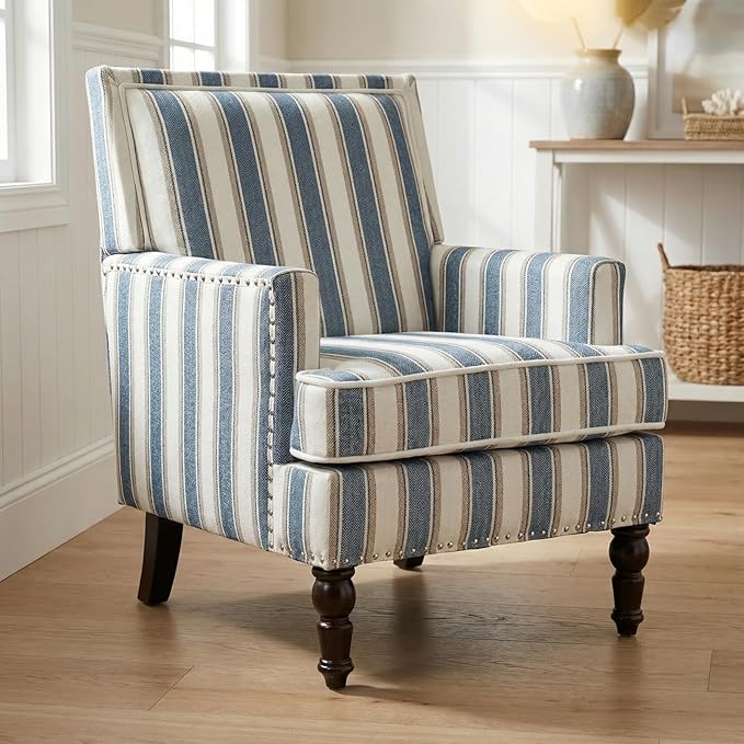 Kitchen Furniture MNGLIRC Blue Striped Accent Chair for Living Room Bedroom - Comfy Cotton Linen Reading Chair, Coastal Nautical Armchair with Solid Wood Legs, Easy Assembly (Strip