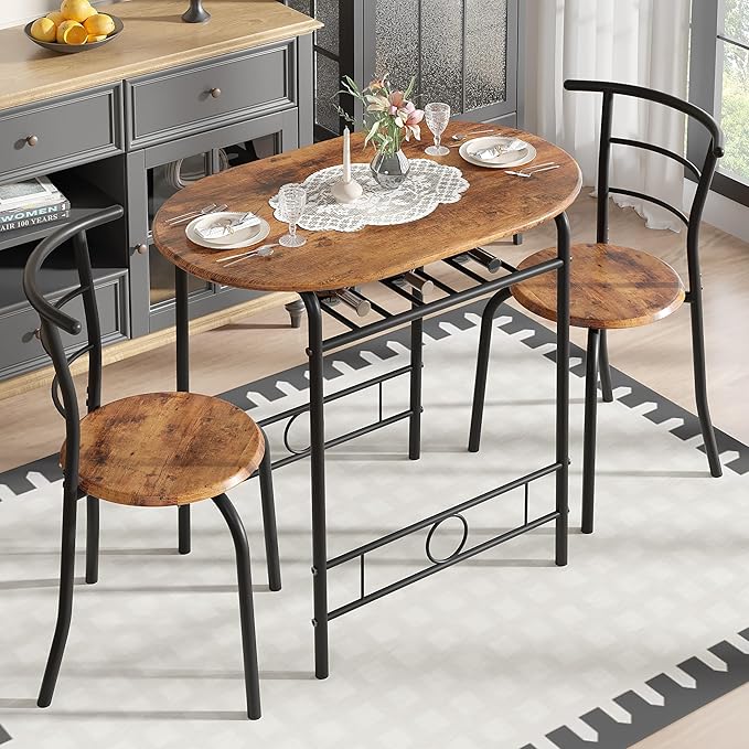 Living Room Furniture VECELO VECELO 3-Piece Dining Table Set for Kitchen Breakfast Nook, Wood Grain Oval Tabletop and Metal Frame with Built-in Wine Rack, for Small Spaces, Antique