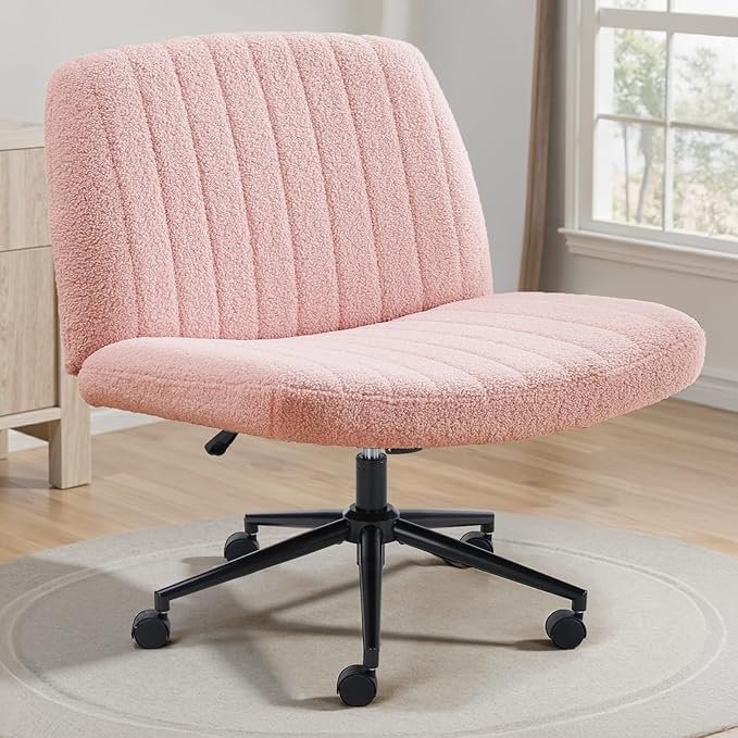 Bedroom Furniture OLIXIS OLIXIS Criss Cross Chair with Wheels Wide Cross Legged Office Desk Vanity Chair Comfy Fabric Armless Adjustable Swivel for Home Computer Task Teddy Pink