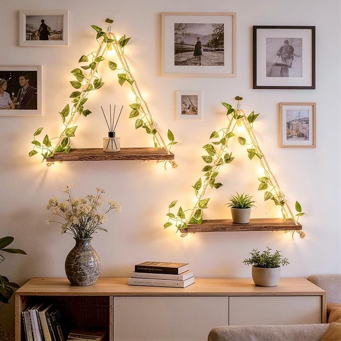 Living Room Furniture Naeqieo 2PCS Floating Shelves for Wall, Solid Wood Light Strip Wall Hanging Shelves for Bedroom Living Room Kitchen, No Drilling Trinket Shelf, Floating Shelf