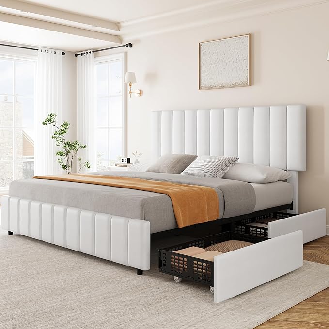 Bedroom Furniture Garvee Garvee Queen Size Bed Frame with 4 Storage Drawers, Adjustable Height Headboard