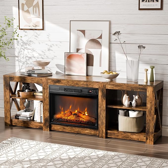Living Room Furniture Bonnlo Bonnlo Fireplace TV Stand for TVs up to 80", Rustic Farmhouse Entertainment Center with Electric Heater & Adjustable Shelves, TV Console with Fireplace