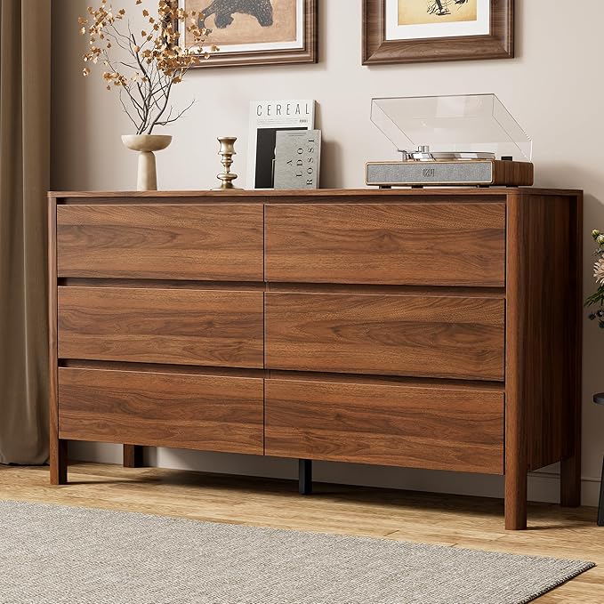 Bedroom Organisation Furniway 55" Mid-Century Modern Dresser for Bedroom, 6 Drawer Wide Chest of Drawers Walnut