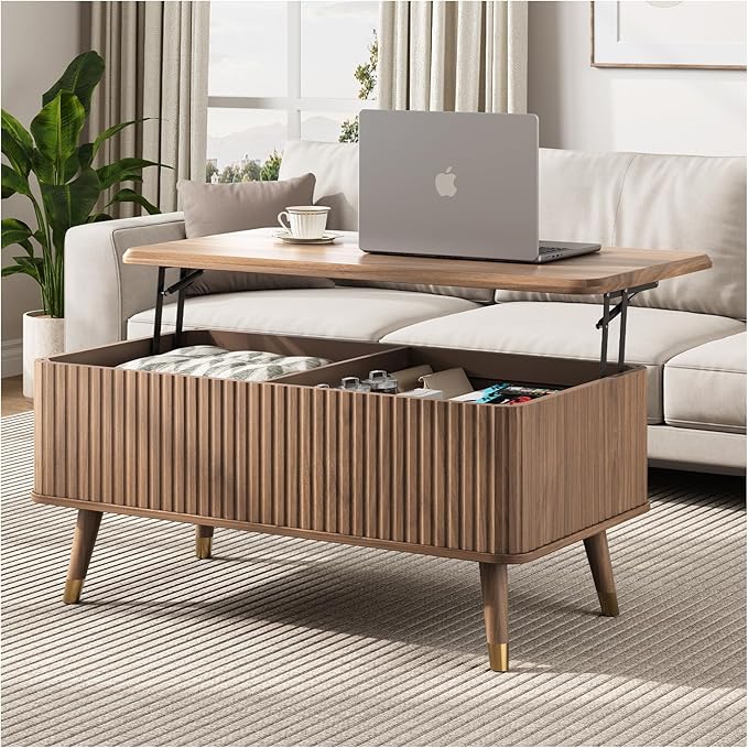 Living Room Furniture JOINICE Lift Top Coffee Table with Storage, Mid Century Modern Fluted Wood Design,Pop-Up Walnut Center Table with Hidden Compartment for Living Room & Home Of