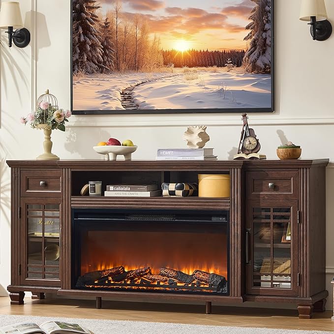 Living Room Furniture SAVOR LIFE 70" Fireplace TV Stand with 36”Silent Electric Fireplace, Farmhouse Entertainment Center for TVs up to 80", 2 Drawers TV Console with Glass Door Ca