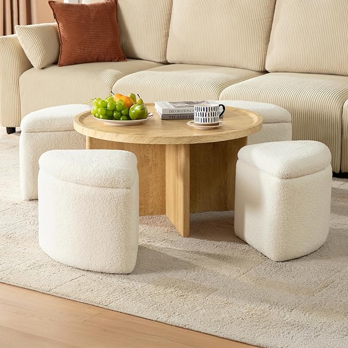 Living Room Furniture CHIC HOUSE Square Coffee Table with Stools Underneath, Wood Ottoman Coffee Tables with 4 Boucle Storage Ottomans & Seats, Mid-Century Modern Coffee Table with