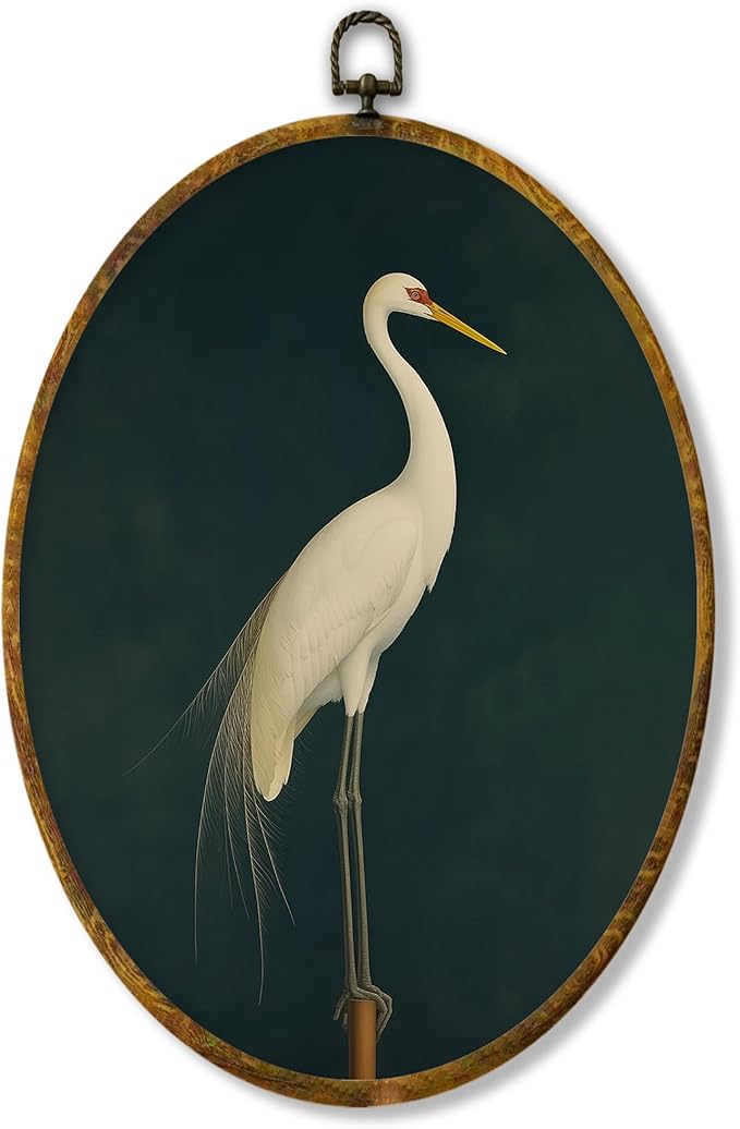 Living Room Decor XPH XPH Vintage Japanese Crane Oval Wall Art Framed, Rustic Japandi Bird Oval Wall Decor, Green Asian Oriental Crane Bird Hanging Canvas Prints for Home Bedroom L