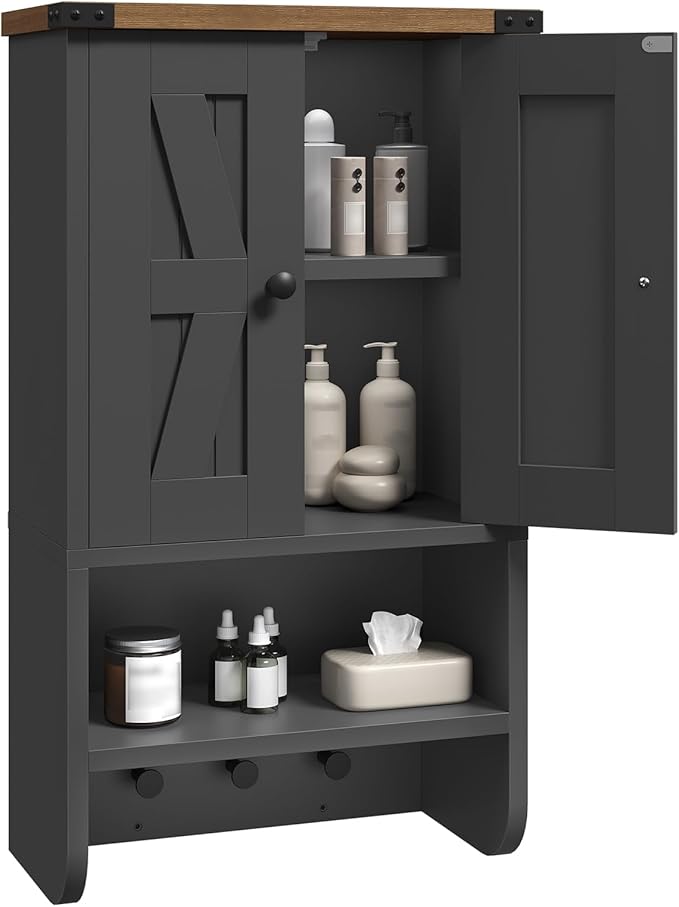 Bathroom Furniture MAHANCRIS Bathroom Wall Cabinet, Farmhouse Medicine Cabinet with Adjustable Shelf, 3-Tier Wall-Mounted Storage Cabinet with 3 Hooks and Open Shelf, for Bathroom,