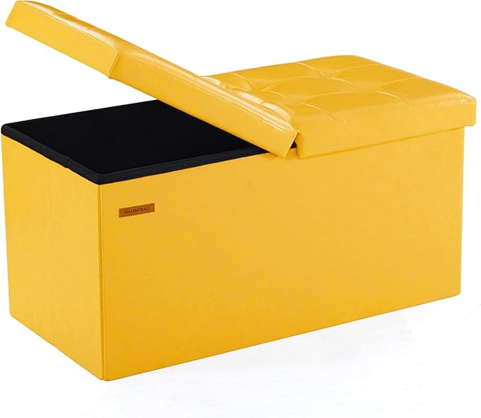 Living Room Furniture HAUSFRAU HAUSFRAU - 30 Inches Storage Ottoman Bench with Flipping Lid, Foldable Storage Chest Foot Rest for Living Room, Bedroom, Entryway, Load 660 lb, Synthetic Leather, Yellow