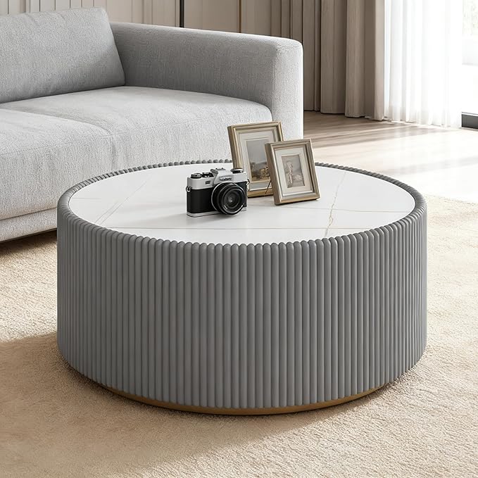 Living Room Furniture Henf 29.52" Round Marble Coffee Table,Modern Fluted Coffee Table w/White Sintered Stone Top & Grey PU Leather Covered,Luxury Circle Coffee Cocktail Center Tab