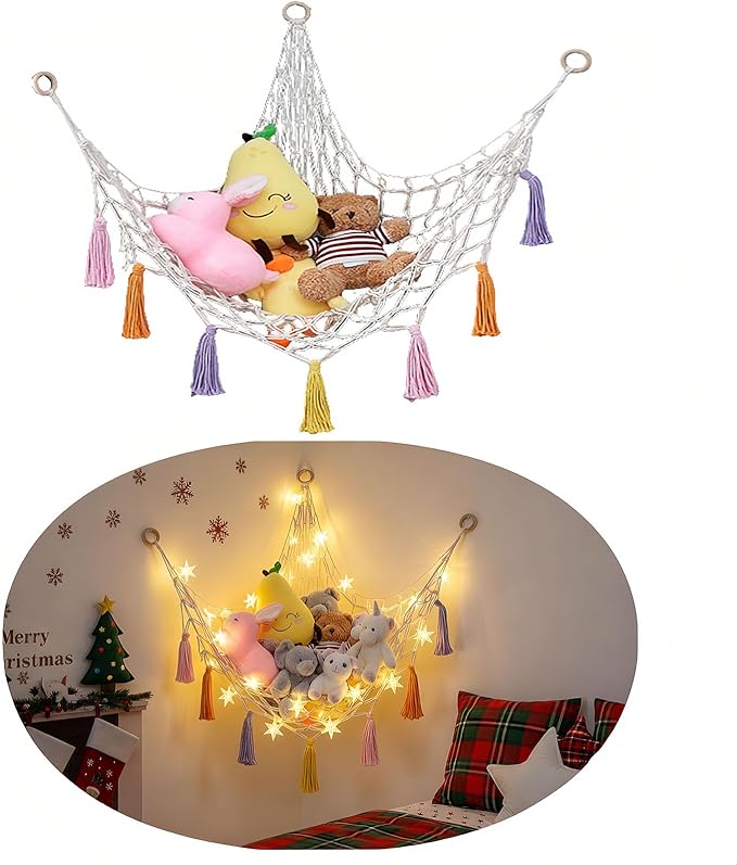 Bedroom Storage LAZYTAIL 2-Pack Stuffed Animal Storage,Net or Hammock with Led Light,Corner Toy Hammock Hanging,Cute Stuff Animal Organizer Plush Holder,Nursery Hanging Organizers