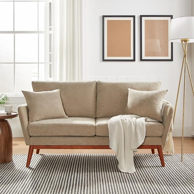 Living Room Furniture VINGLI VINGLI 63.5" W Comfy Small Upholstery Love Seat Couch with Soild Rubber Wood Frame, 2 Seater Mid Century Linen Fabric Loveseat Sofa, Mini Couch with Tw