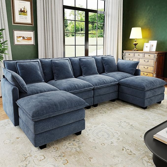 Kitchen Furniture Hanherry 107" Cloud Couch Sectional, U Shaped Modular Sectional Sofa, 4-Seat Deep Seat Couch with 6 Removable Washable Pillows and 2 Ottoman for Living Room, Bedr