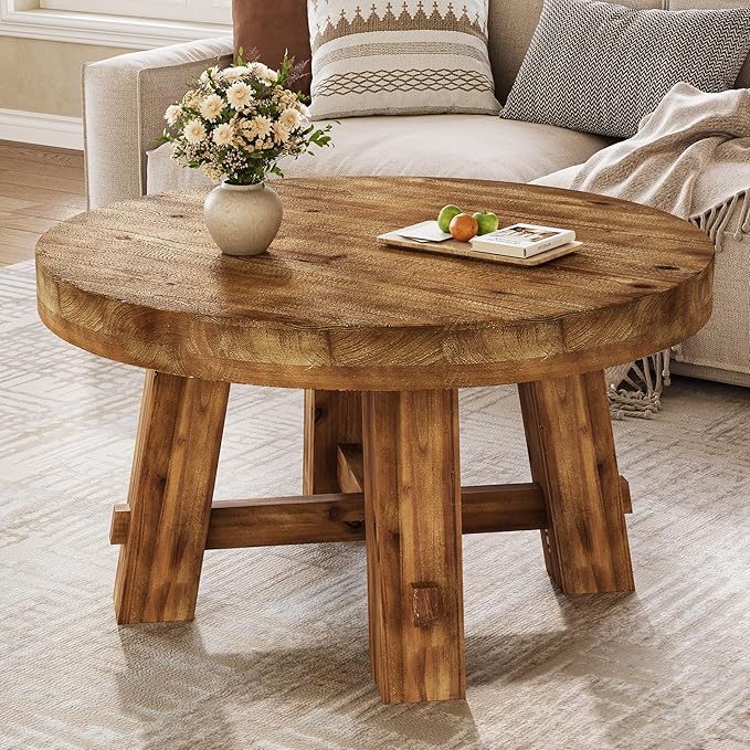 Living Room Furniture TRIBEWOOD 31.5-Inch Round Coffee Table, Solid Wood Center Table with Thickened Tabletop for Living Room, Apartment, Small Space (Rustic Brown)