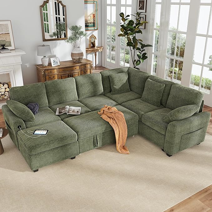 Living Room Furniture Hanherry Hanherry Sectional Couch with Pull Out Sofa Bed,Corduroy Sleeper Sofa with Storage Ottoman & USB Charging,Comfy L Shaped Modular Couches for Living R