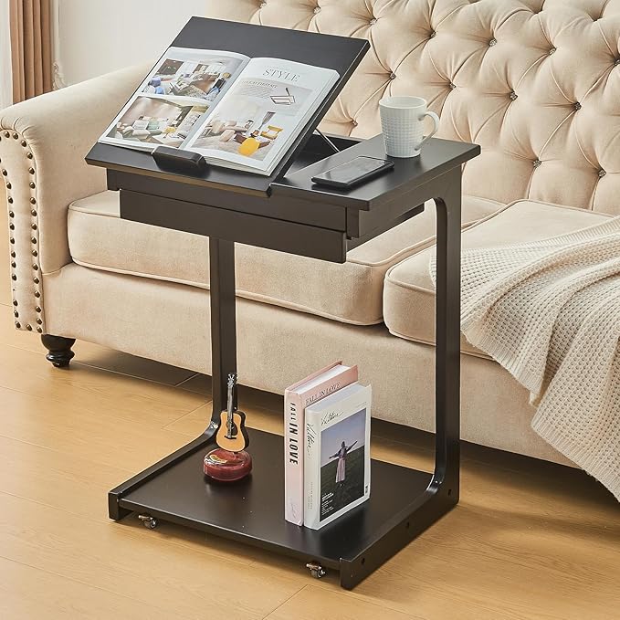 Living Room Furniture PlushVibes C-Shaped End Table with Wheels - Solid Wood Side Table for Couch with Storage Drawer, Modern Adjustable Angles Rolling Tv Tray Sofa Tables for Livi