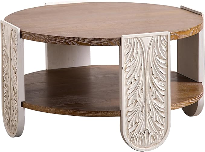 Living Room Furniture WEALTHOUSE Carved Round Wooden Coffee Table Retro Accent Centerpiece Dual-Layer Storage Shelf Small Side End Nightstand Palace Style Ornate Furniture Living A