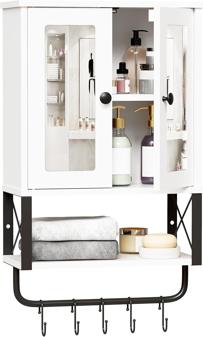 Bathroom Furniture BEWISHOME BEWISHOME Medicine Cabinet, Bathroom Wall Cabinet with Mirror, Wall Mounted Over The Toilet Storage Cabinet with Towel Bar and Adjustable Shelf