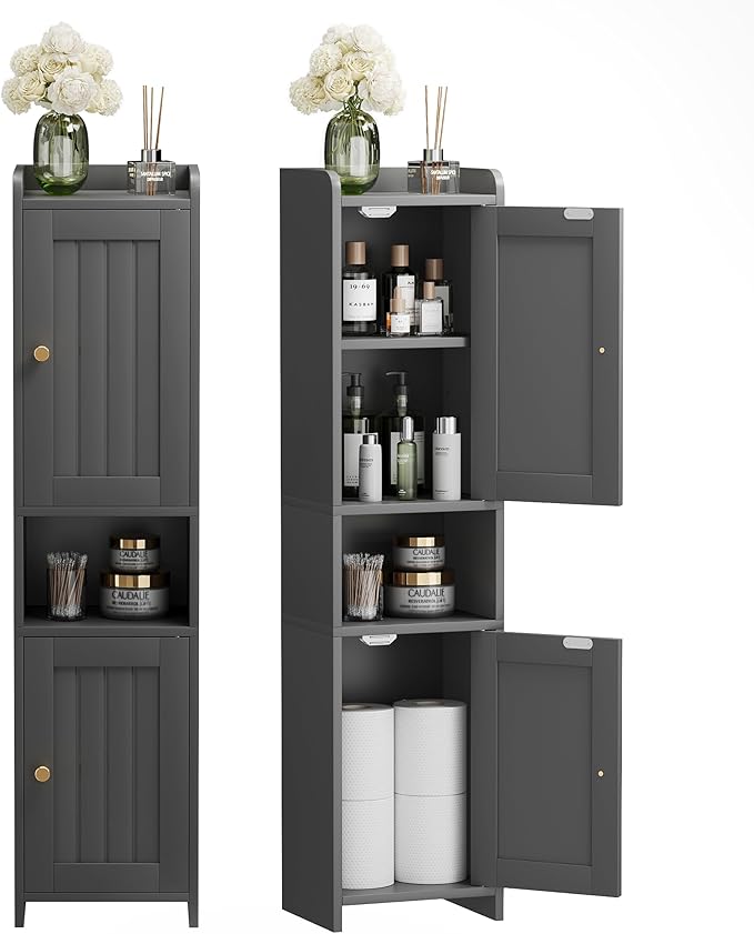 Bathroom Furniture GLANZALANT Bathroom Cabinet with 2 Doors, 7.3 x 9.8 x 40.4 Inches, Small Freestanding Storage Cabinet with Adjustable Shelf, Floor Cabinet for Small Spaces, Bath