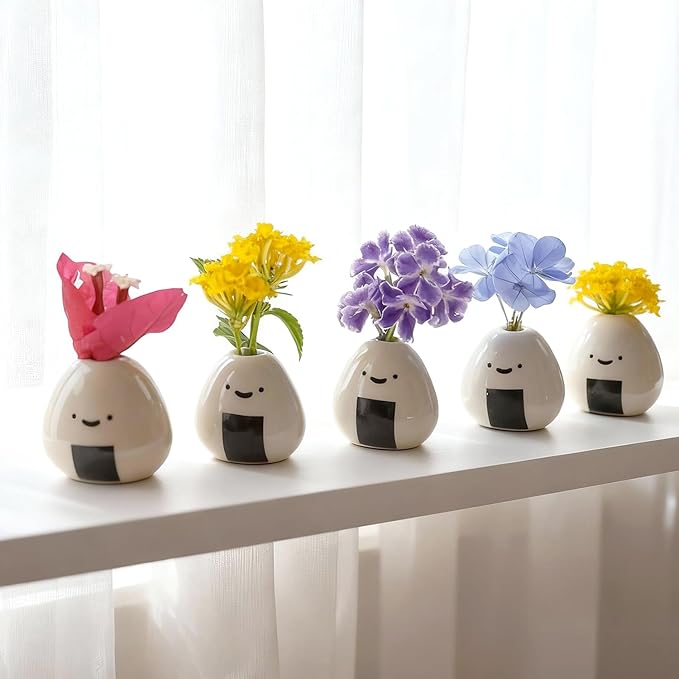 Living Room Decor Tnstbiee 5 PCS Mini Onigiri Flower Vase Set - Cute Japanese Handmade Bud Vases Bulk for Dried Flowers, Small Centerpiece Vase for Coffee Table Living Room Home Decor