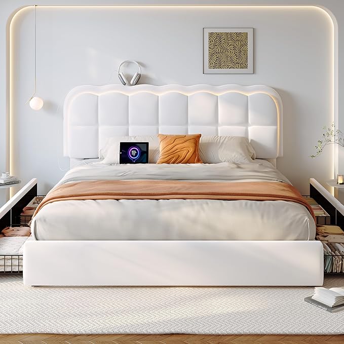 Bedroom Furniture CypBed Queen Size Bed Frame with 4 Storage Drawers & LED Lights