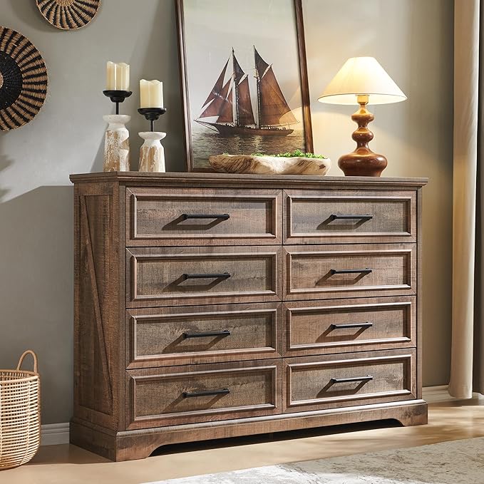 Bedroom Organisation ACCOHOHO ACCOHOHO Farmhouse 8 Drawers Dresser Chests for Bedroom,52" Wide Wood Rustic Chest of Drawers with Metal Handle,Natural Texture