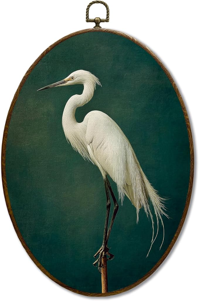 Living Room Decor JQF JQF Japanese Crane Oval Wall Decor, Dark Green Japandi Bird Canvas Oval Canvas Wall Art, Asian Oriental Japanese Crane Framed Prints Hanging Decor for Home Be