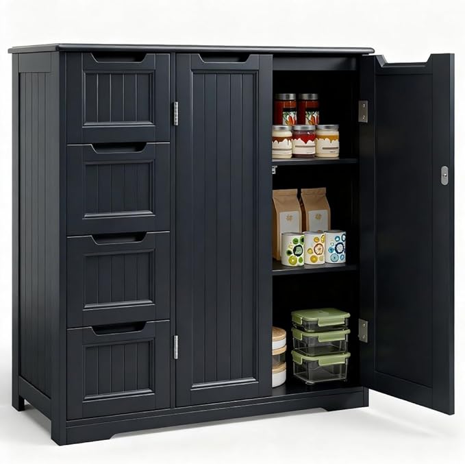 Bathroom Furniture Gizoon Gizoon Wooden Bathroom Floor Cabinet, Side Storage Organizer Cabinet with 4 Drawers & Double Doors, Freestanding Entryway Storage Unit Console Table, Bath