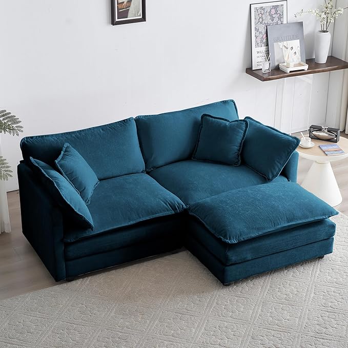 Kitchen Furniture GNIXUU GNIXUU Blue Deep Seat Sectional Sofa Cloud Couch with Ottoman, 76.7" Modern Chenille Comfy Upholstered Modular Sofa L Shaped Couch for Living Room, Apartme