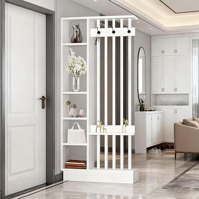 Kitchen Furniture Horseo Wall Room Divider - Freestanding Wood Room Divider with Shelves and Coat Rack, Wall Divider with Storage Cabinet and Display Shelf, Freestanding Decor for Bedroom, Office