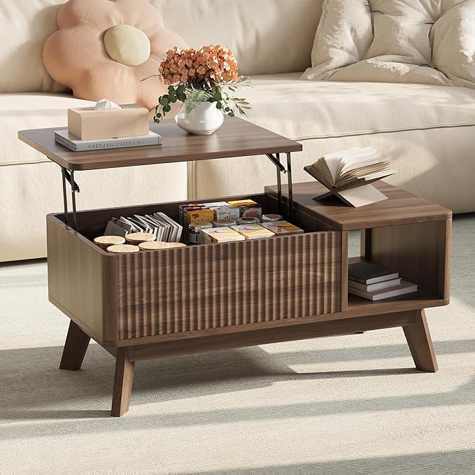 Living Room Furniture TROJM Wood Lift Top Coffee Table with Hidden Compartment and Large Storage Shelf, Lift Tabletop Dining Center Table for Home Living Room Office,Walnut