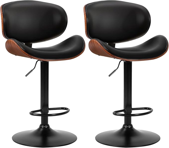 Kitchen Furniture DUMOS DUMOS Swivel Bar Stools Set of 2, Adjustable Counter Height Bentwood BarStools, PU Leather Upholstery Bar Chair with Ergonomic Back and Footrest, Counter St