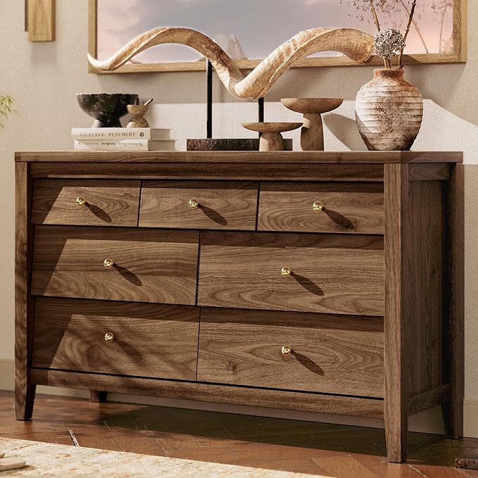Bedroom Organisation AMBERHAUS 7 Drawers Dresser with Beveled Panel, Farmhouse Chest of Dressers for Bedroom, Wood Dresser TV Stand