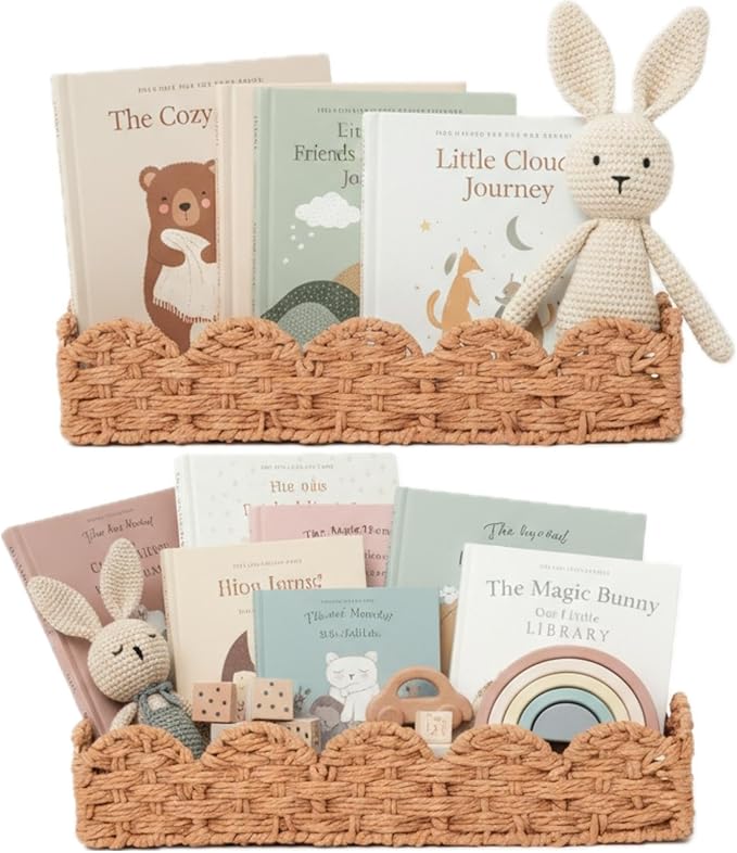 Living Room Furniture AMILLIARDI Scalloped Rattan Wall Shelf – Floating Bookshelf for Nursery, Bedroom or Living Room