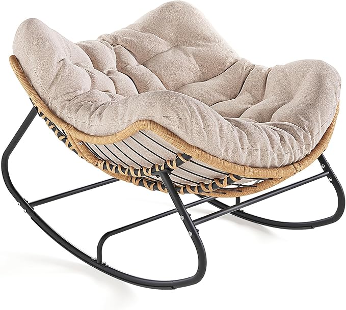 Bedroom Furniture SWITTE SWITTE Outdoor Rocking Chair, Oversized Patio Papasan Rocker, Comfy Wicker Reading Lounge, Indoor Egg Chair for Bedroom, Living Room, Porch, Garden, Lawn-C