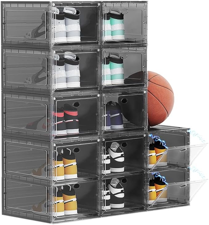 Bathroom Storage OMOPIN 12 PACK Large Shoe Storage Boxes, Shoe Boxes Clear Plastic Stackable, Shoe Organizer for Size 12 (Grey 12 Pack)