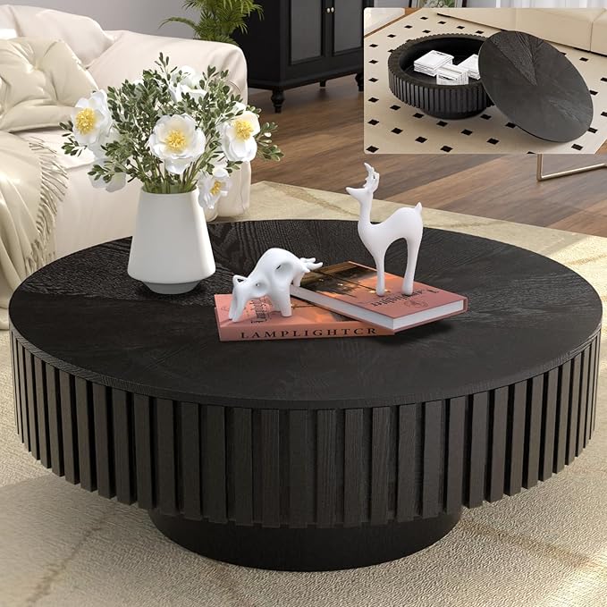 Living Room Furniture Apkaf Modern Fluted Coffee Table, Matte Black Round Coffee Table with Hand-Carved Solid Wood Vertical Grooves, MDF & Solid Wood Mix, Cylinder Base for Living 