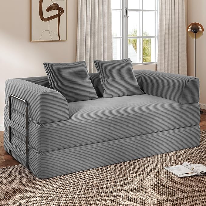 Living Room Furniture Living&Giving Cloud Boneless Convertible Floor Sofa Bed, 70" 4-in-1 Foldable Compressed Loveseat Lounge Sleeper 2 Seater Couches, High-Density Sponge & Corduroy Fabric Futon Daybed