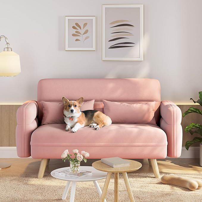 Living Room Furniture Yaheetech 46" Small Modern Fabric Sofa Loveseat Mid Century 2 Seater Sofa Couch with Lumbar Pillows, Solid Wood Legs, Pink