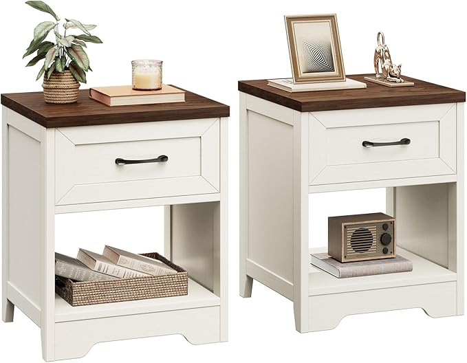 Bedroom Furniture AODK AODK Farmhouse Nightstand Set of 2, Bedside Tables with Drawer & Open Storage, Wood End Tables for Bedroom & Small Space, Rustic White & Dark Walnut