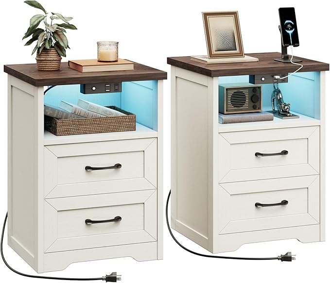 Bedroom Furniture AODK AODK Farmhouse Nightstand Set of 2, Bedside Tables with Charging Station & LED Lights, End Tables with Two Drawers and Open Storage, Rustic Bed Side Tables f