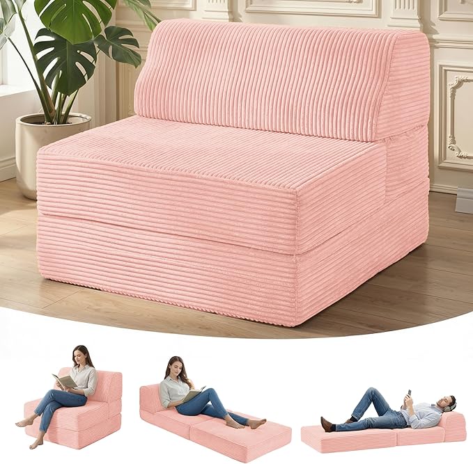 Living Room Furniture Kasunpul Folding Sofa Bed with Pillow, Memory Foam Fold Out Chair Bed, Convertible Sleeper Chair with Washable Cover, Pink