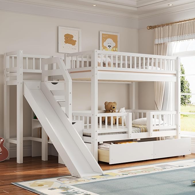 Kitchen Furniture Harper & Bright Designs Harper & Bright Designs Bunk Beds Twin Over Twin Size, Heavy Duty Bunk Bed with Storage Staircase and Slide, Wooden Bedframe with 2 Large 