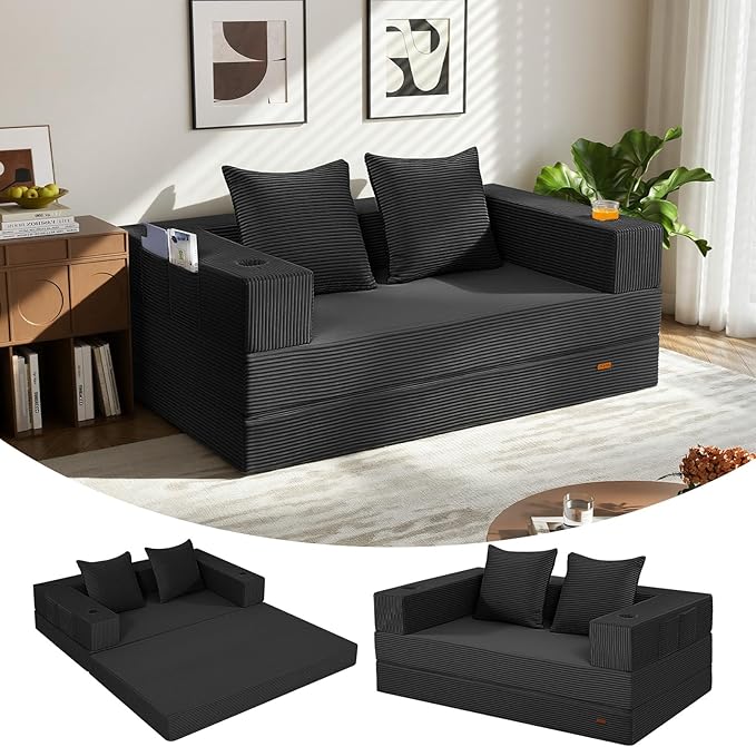 Living Room Furniture COMAX COMAX Futon Sofa Bed, 4‑in‑1 Convertible Sofa Bed, Folding Boneless Couches for Living Room, Fold Out Small Foldable Loveseat Floor Sleeper Comfy Mattress Lounge Space‑Saving, Black