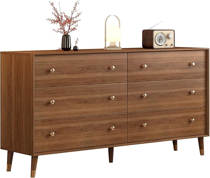 Bedroom Organisation Messenya 6 Drawer Dresser for Bedroom, 55 Inch Walnut Dresser for Closet