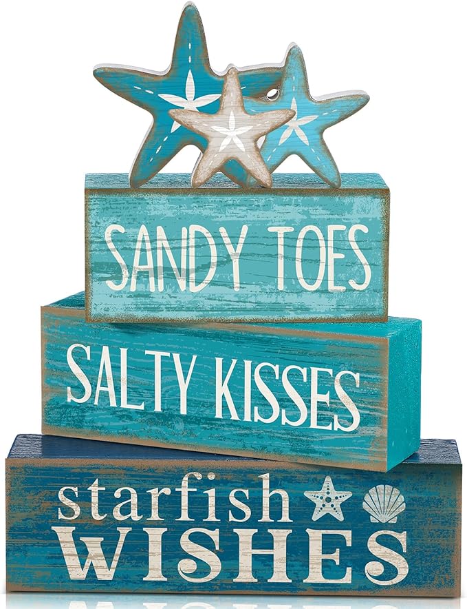 Living Room Decor Yuntau Yuntau 4 Pcs Summer Table Decorations Beach Tiered Tray Decor Starfish Coastal Rustic Wooden Block Sign Stacked Book Nautical Table Centerpiece for Farmhou
