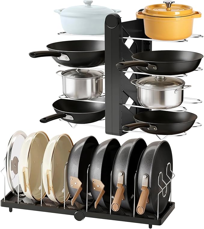 Kitchen Organisation CEHNCEH CEHNCEH Pots and Pans Organizer under Cabinet for Cabinet and Countertop Longest 28.5 in Foldable Adjustable 8-Tier Pan Organizer Rack Perfect to Store
