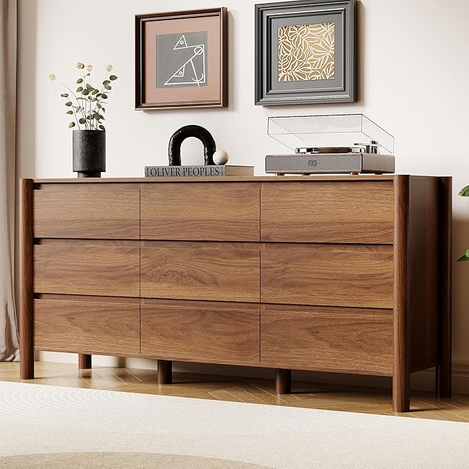 Bedroom Organisation HOUROM 63" Wide 9-Drawer Dresser for Bedroom, Mid-Century Modern Walnut Chest with Solid Wood Legs