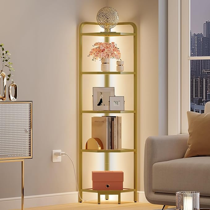 Living Room Furniture Hzuaneri Corner Shelf with LED Lighting, 5-Tier Glass Bookshelf, Steel Frame, Tempered Glass, Modern Style Corner Shelf, Suitable for Living Room, Bedroom and