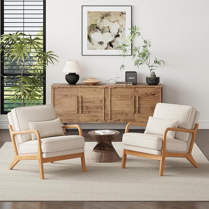 Living Room Furniture MALOL Mid-Century Accent Chair Set of 2 with Solid Wood Frame, Reading Relaxing Armchair Lumbar Pillow& Soft Cushion, Leisure Chair for Living Room, Bedroom, 